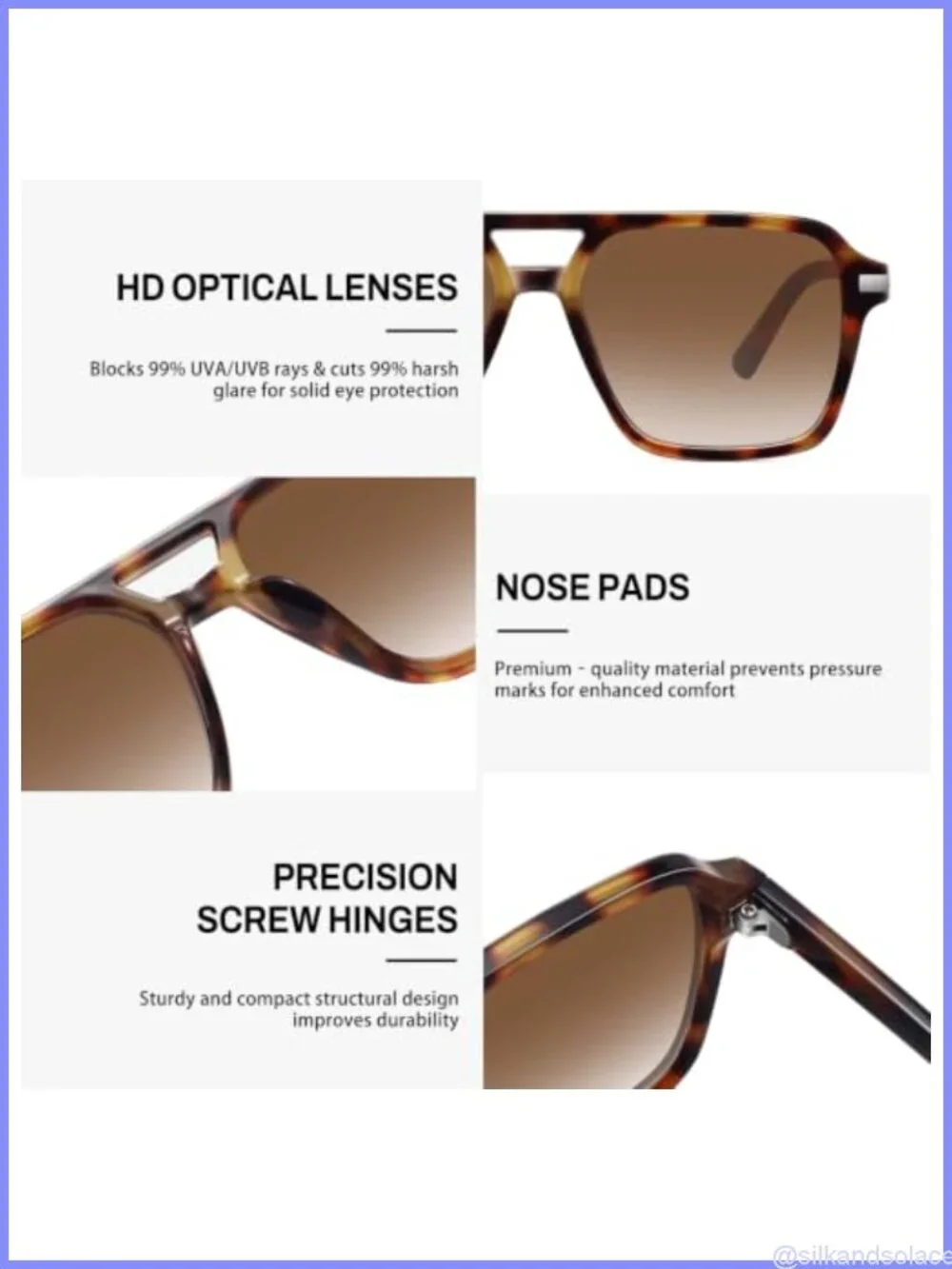 Retro Aviator Sunglasses Square Double Bridge UV400 Unisex Vintage